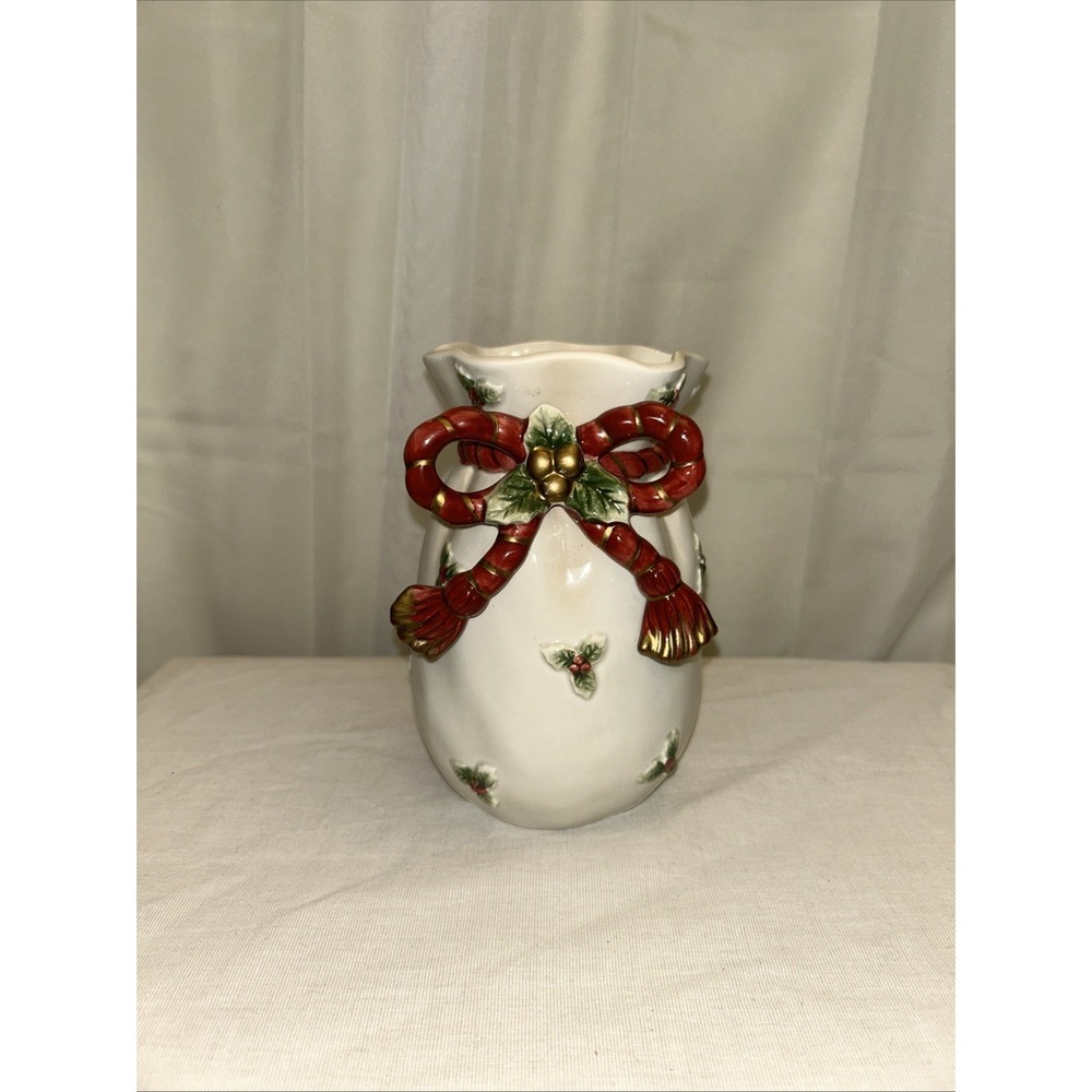 Fitz And Floyd Classics Old World Vase With Bow Holly And Berries 1994